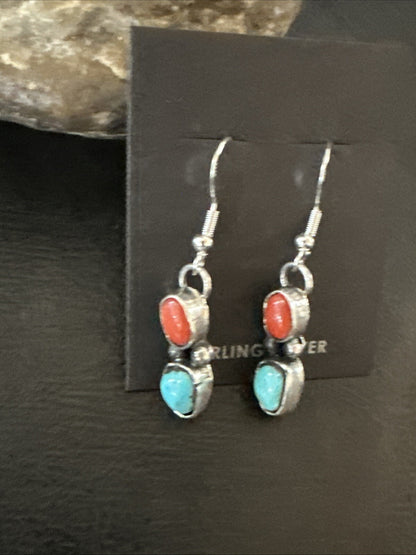 Handmade Blue Turquoise Red Coral Sterling Silver Navajo Dangle Earrings 18846