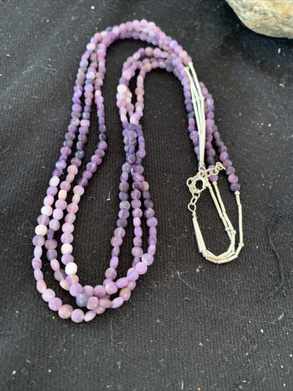 Purple Stone Beads Liquid Heishi 3 Strands Sterling Silver Tubes Necklace 850