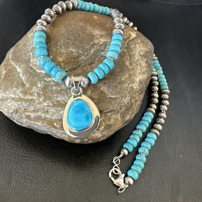 Mens Blue Kingman Turquoise Pendant Navajo Sterling Silver Necklace 21" 18111