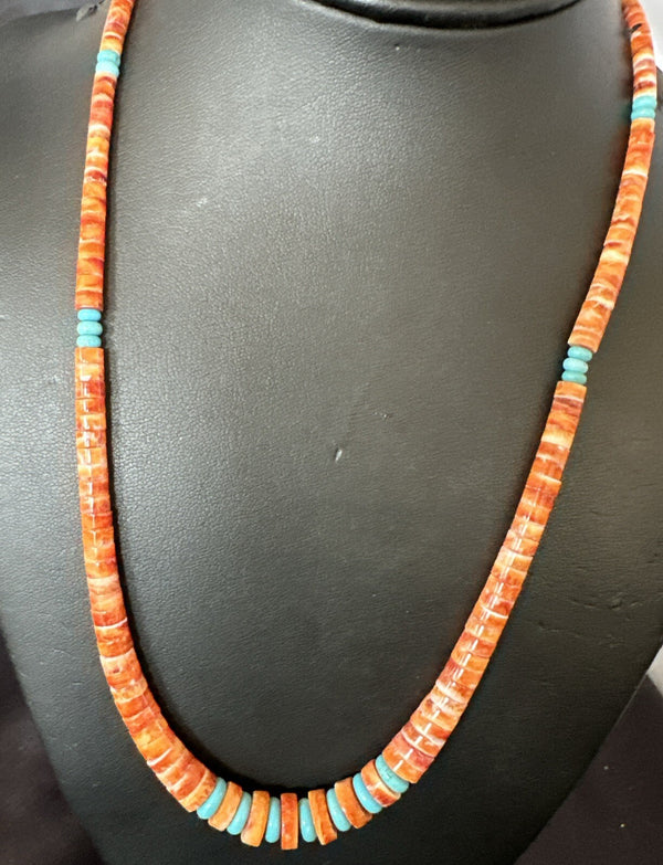USA Spiny Oyster Turquoise Graduated Navajo Necklace | Sterling Silver | Authentic Native American Handmade | 18273