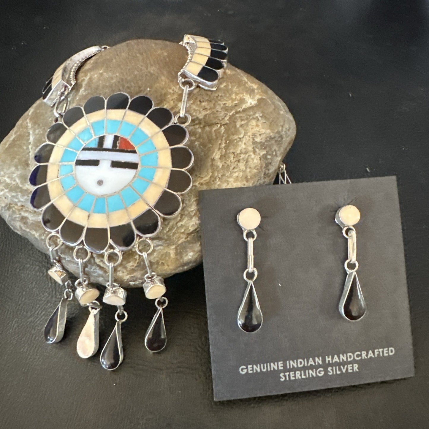 Sunface Spiny Onyx Turquoise Zuni Sterling Silver Necklace 18" Earrings 19115