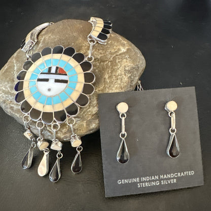 Sunface Spiny Onyx Turquoise Zuni Sterling Silver Necklace 18" Earrings 19115