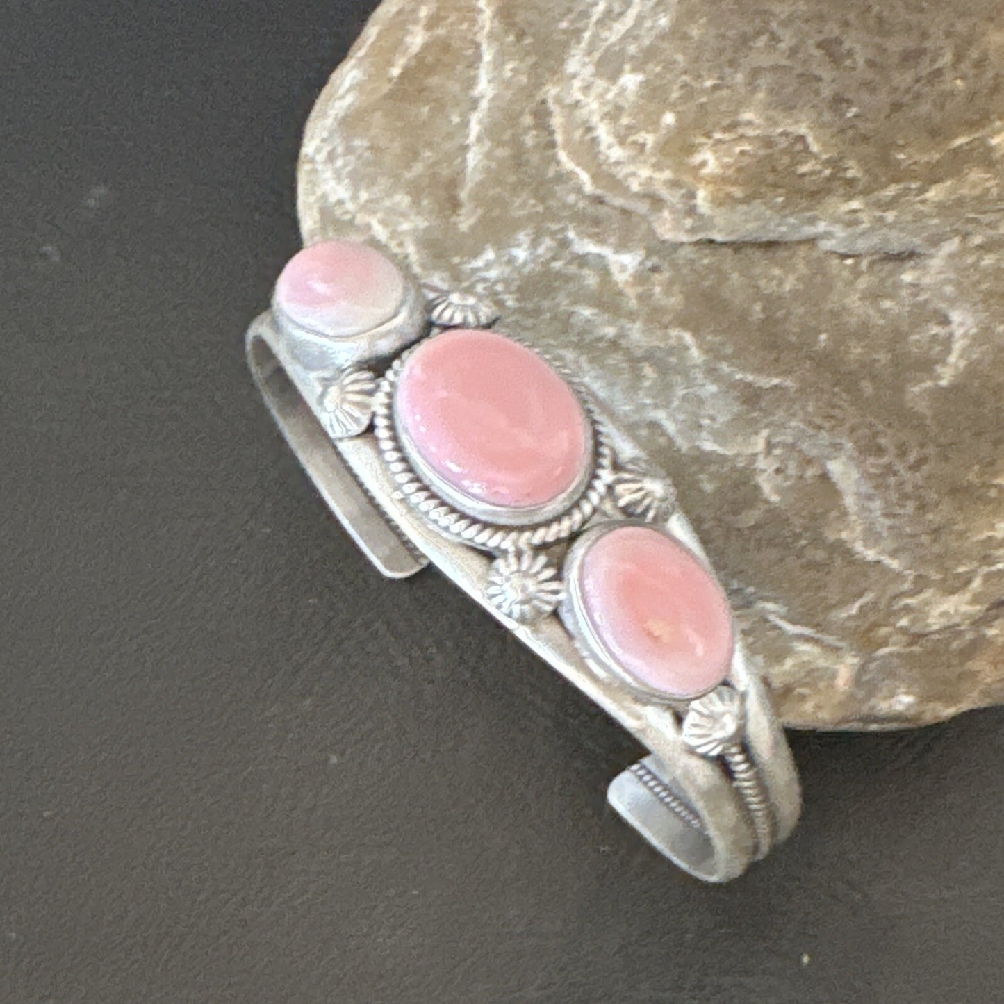 Navajo Pink Conch 3 Stone Sterling Silver Cuff Bracelet 18852
