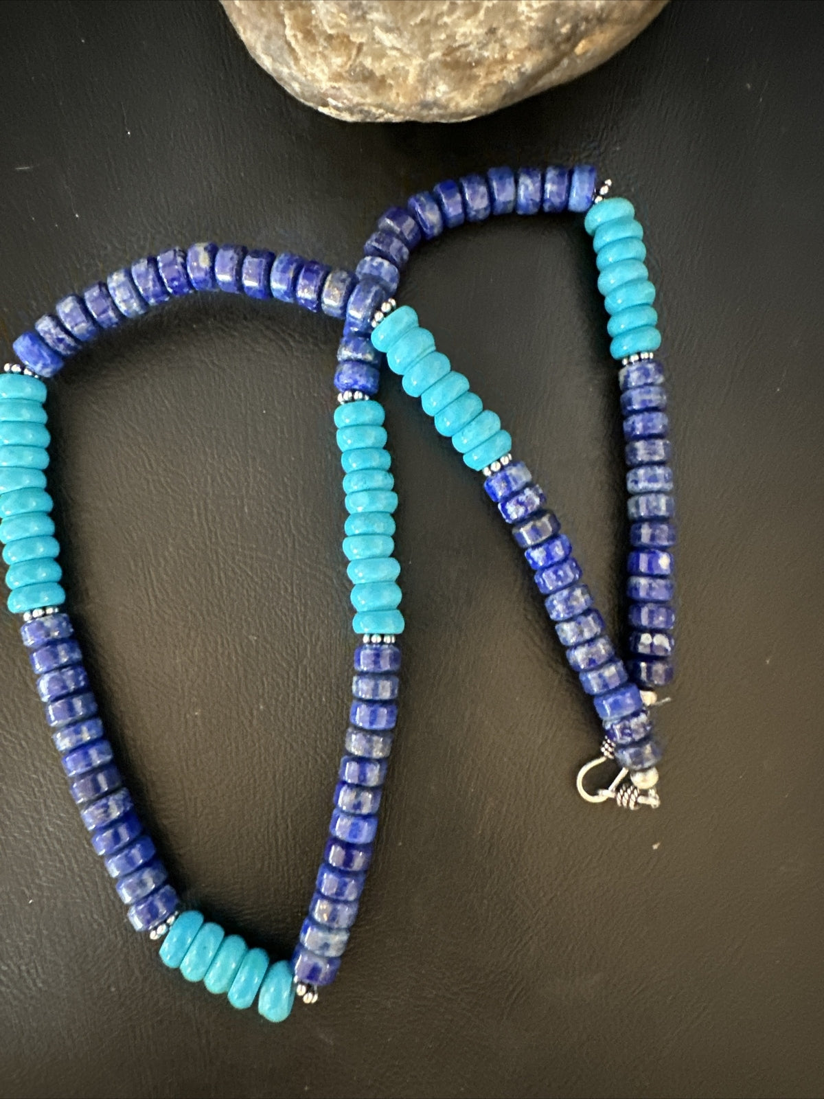 Mens Navajo Beads Lapis Sterling Silver Necklace Turquoise 23” 14941