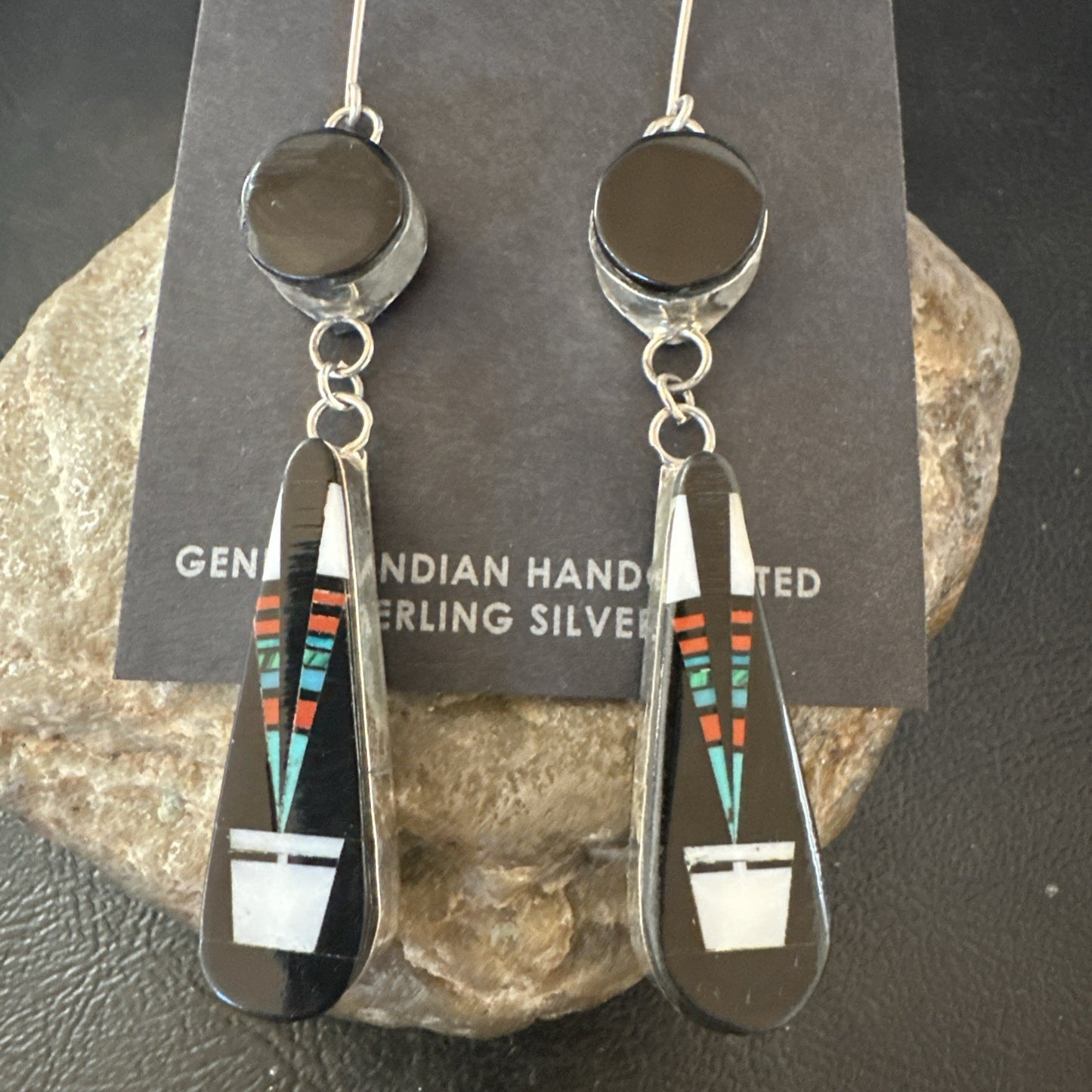 XL Navajo Onyx Turquoise Coral Inlay Earrings Sterling Silver Handmade 19774