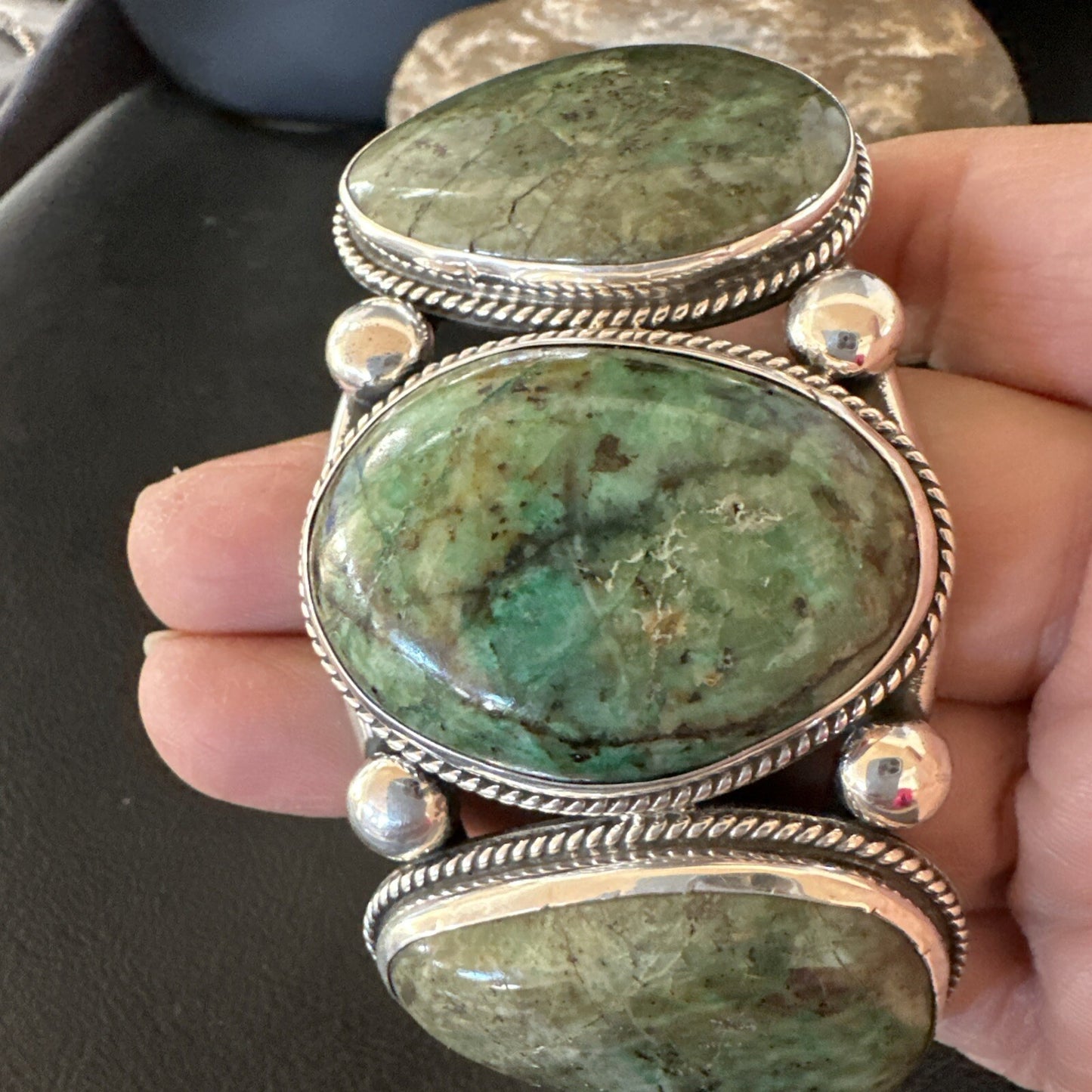 Navajo Green Royston TURQUOISE Stamped Sterling Silver Cuff Bracelet 8.5" 18718