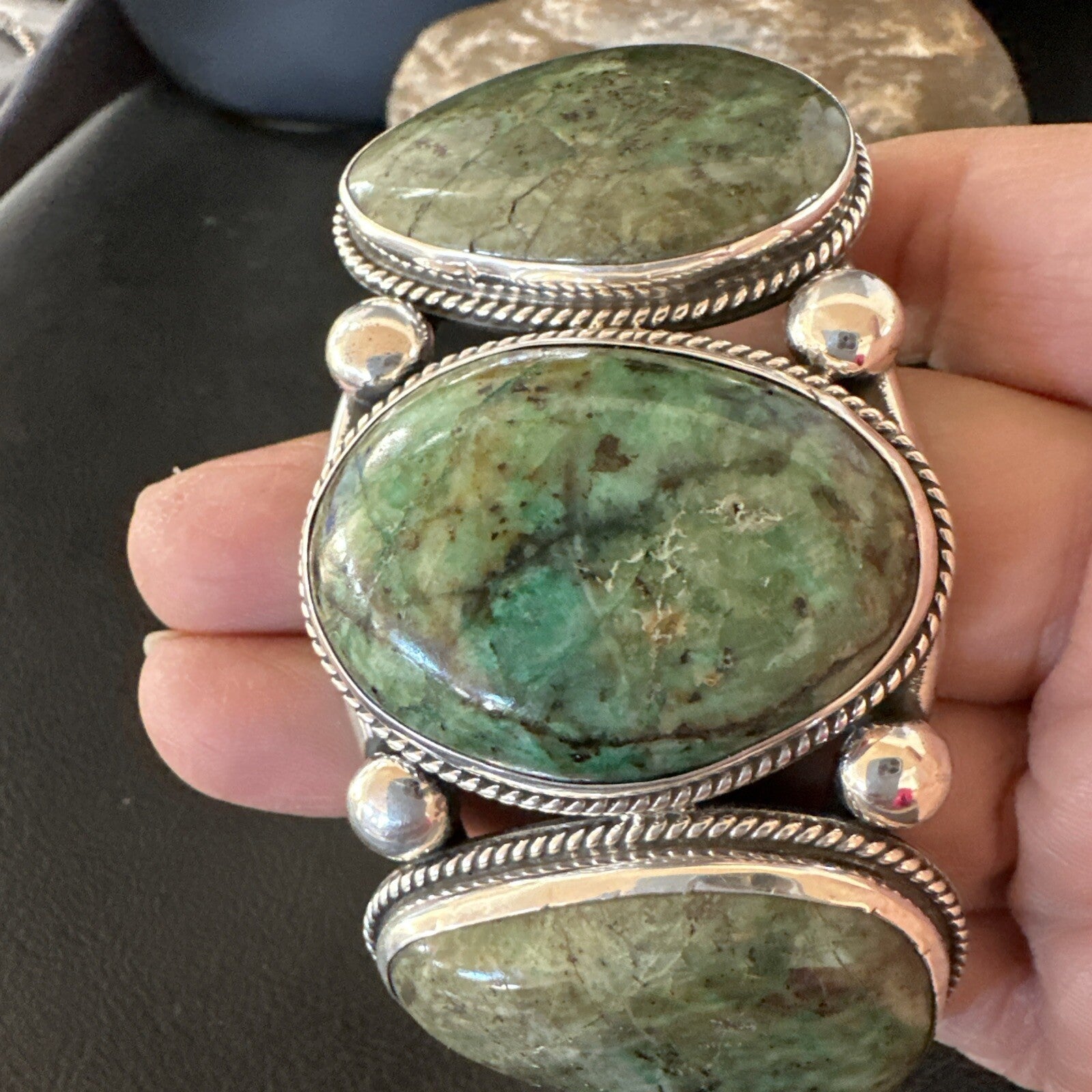 Navajo Green Royston TURQUOISE Stamped Sterling Silver Cuff Bracelet 8.5" 18718