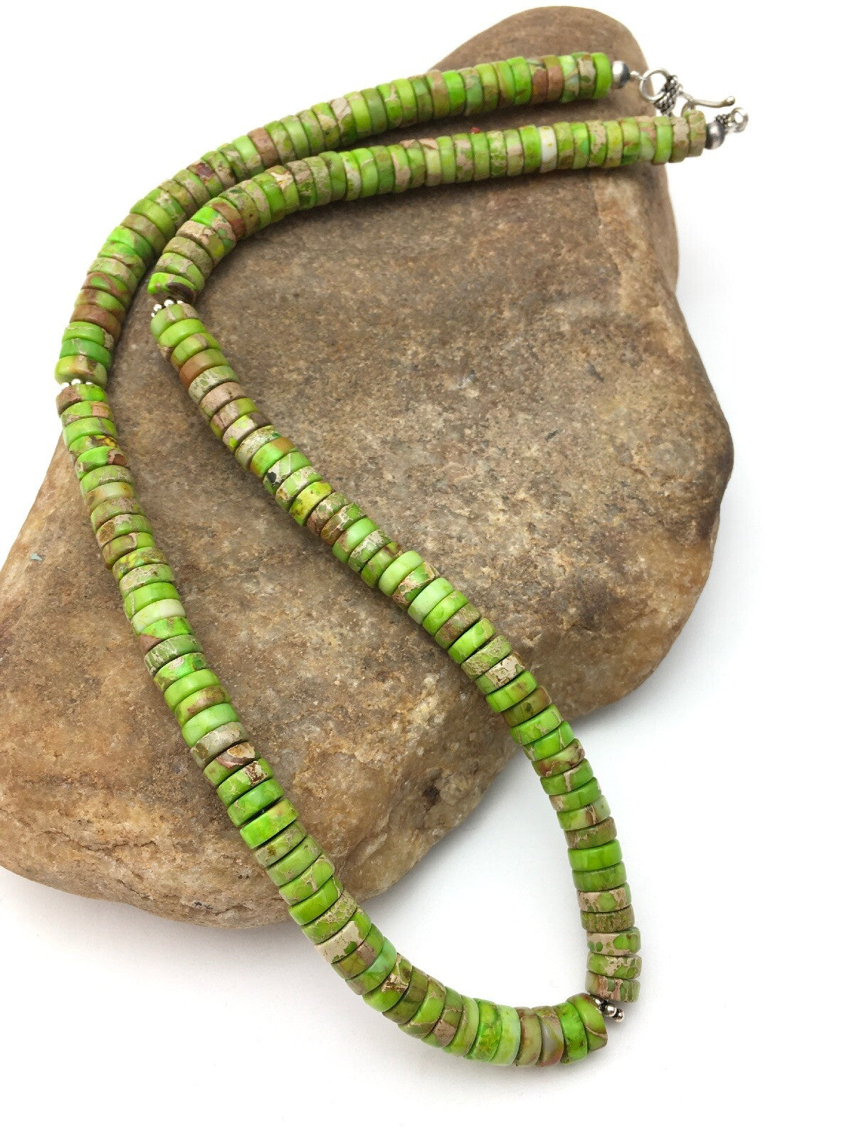 Native Green Gaspeite Stabilized Navajo Sterling Silver Necklace 20" 04337