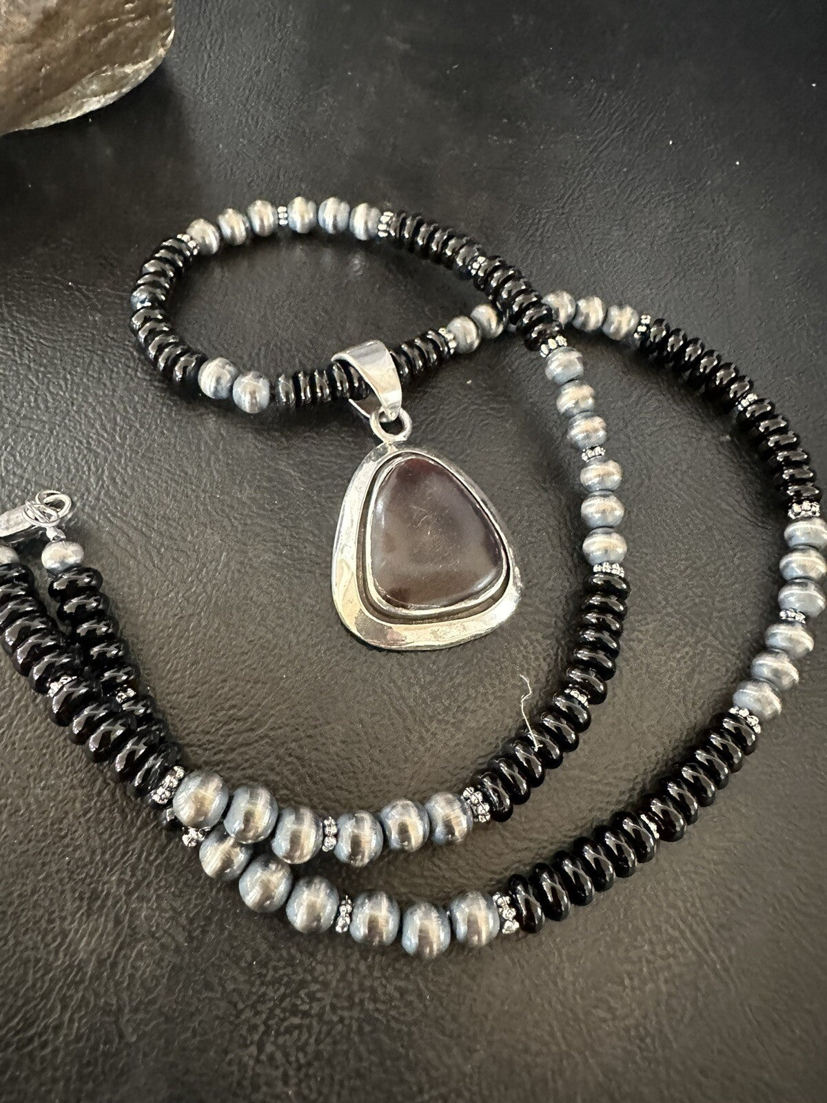 Mens Womens Black Stone Pendant Onyx Sterling Silver Beads Necklace 18334