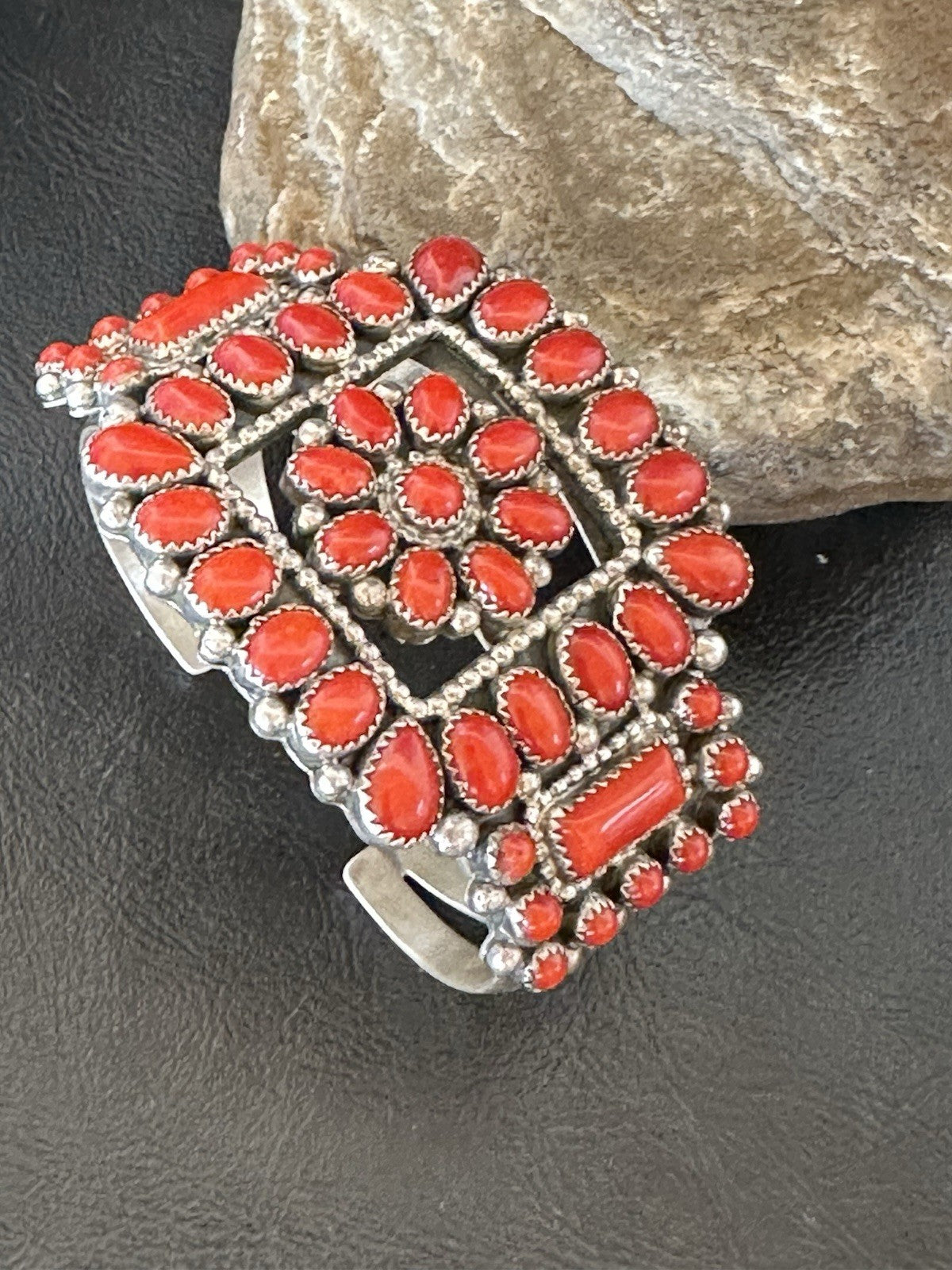 Mens Womens Red Coral Navajo Sterling Silver Cluster Cuff Bracelet 7.25" 19426