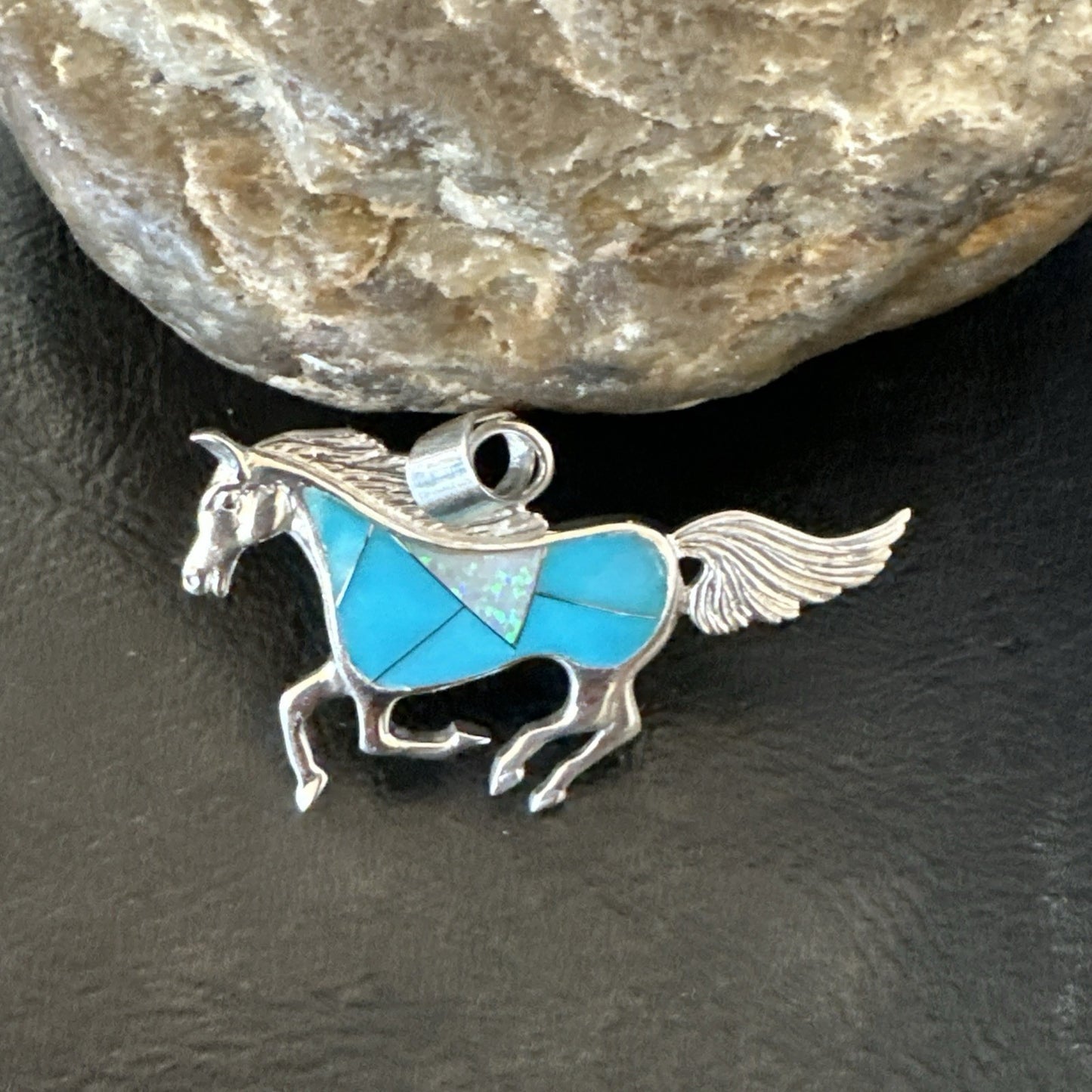 Horse Inlay Southwestern Cowboy Blue Turquoise Sterling Silver Pendant 2” 19160