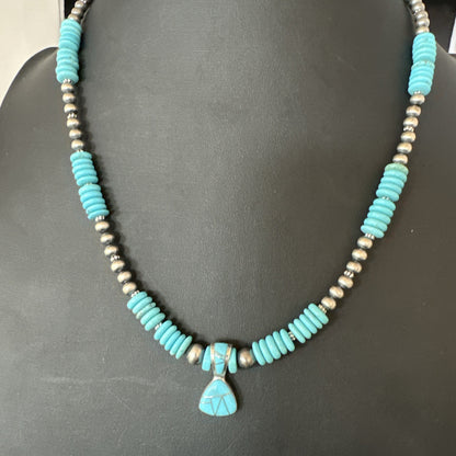 Blue Turquoise Inlay Pendant Navajo Sterling Silver Necklace 19513