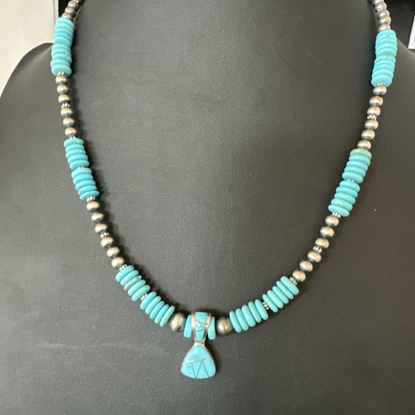 Blue Turquoise Inlay Pendant Navajo Necklace | Sterling Silver | Authentic Native American Handmade | 19513
