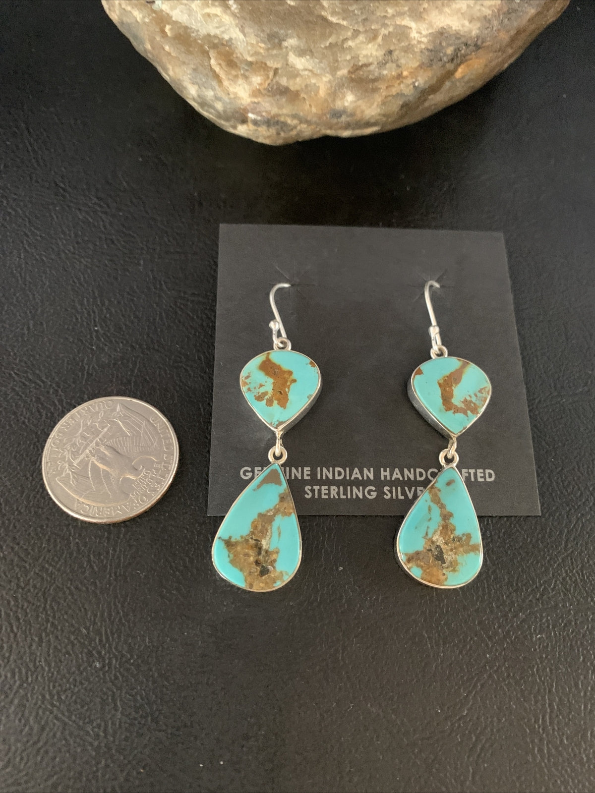 Blue Kingman Turquoise Navajo Sterling Silver Dangle Earrings 14075