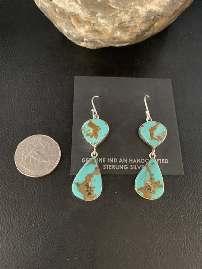 Blue Kingman Turquoise Navajo Sterling Silver Dangle Earrings 14075