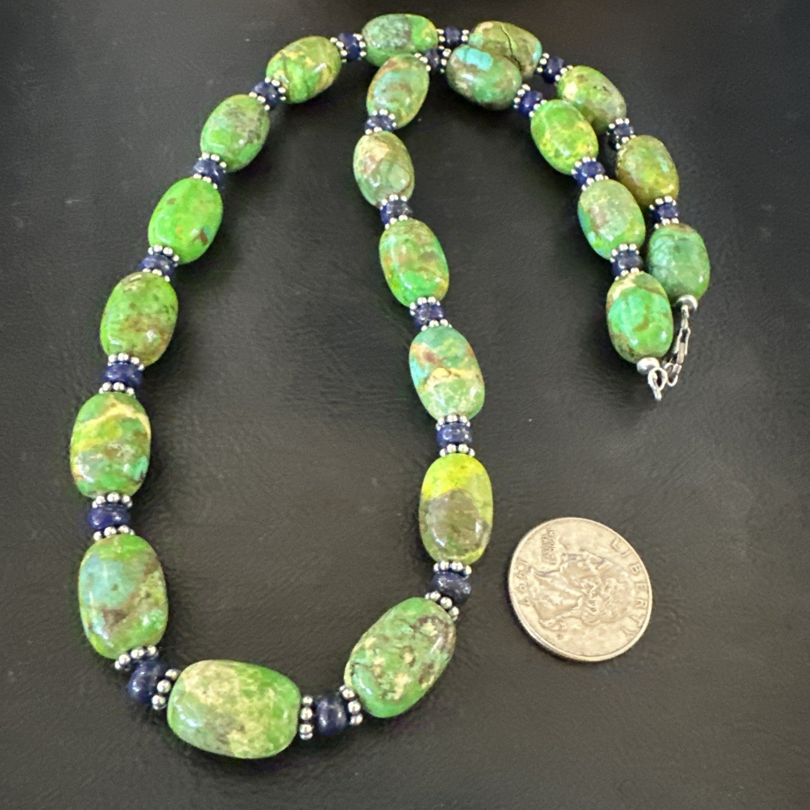 Green Turquoise Lapis Nugget Southwestern Sterling Silver Necklace 22" 19249