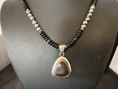 Mens Womens Black Stone Pendant Onyx Sterling Silver Beads Necklace 18334