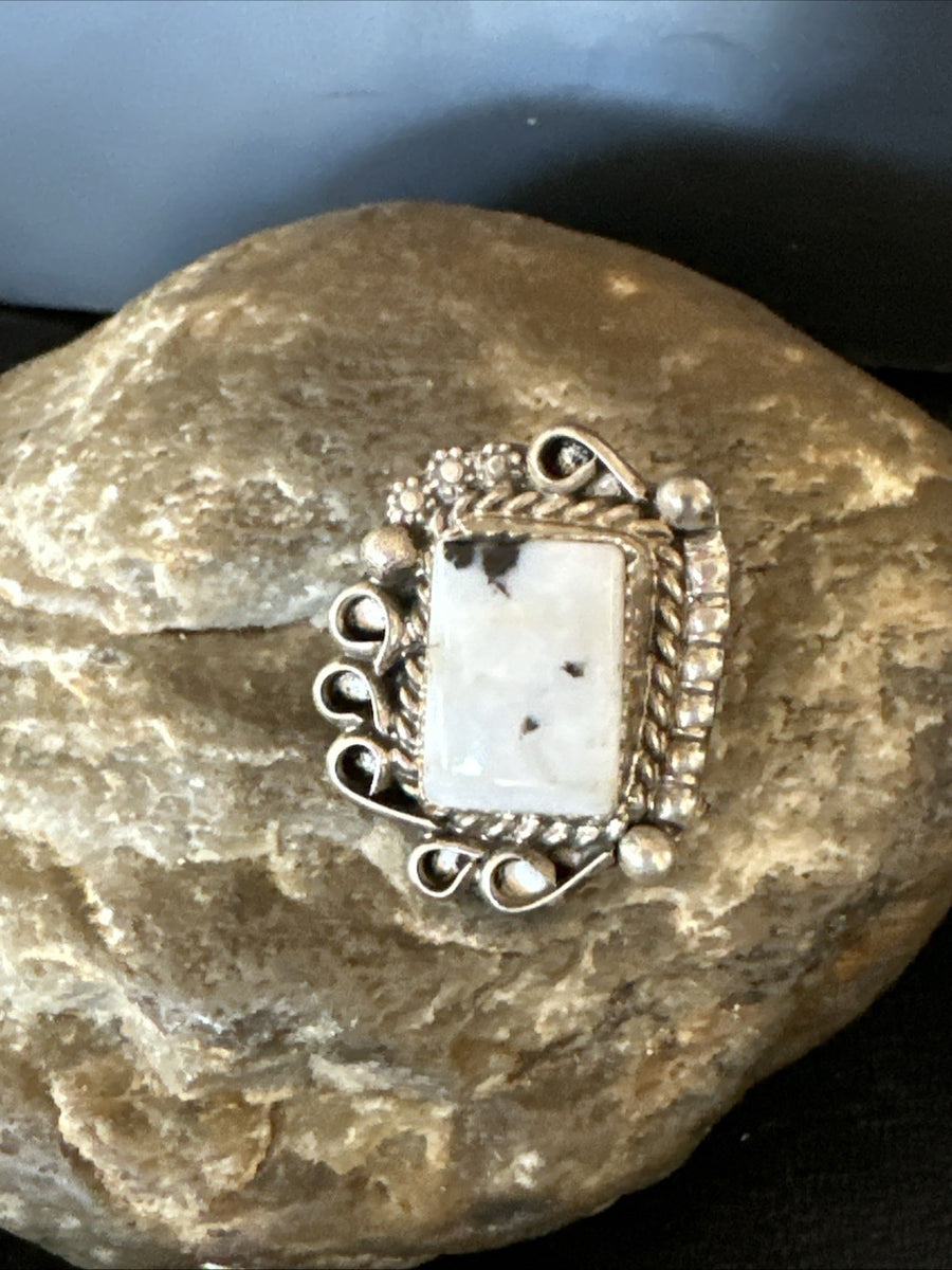 Black White Buffalo Turquoise Navajo Sterling Silver Ring Size 7 19807