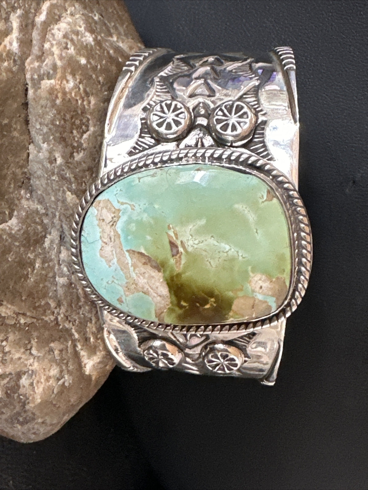 Navajo Women Green Royston Turquoise Stamped Sterling Silver Cuff Bracelet 17865