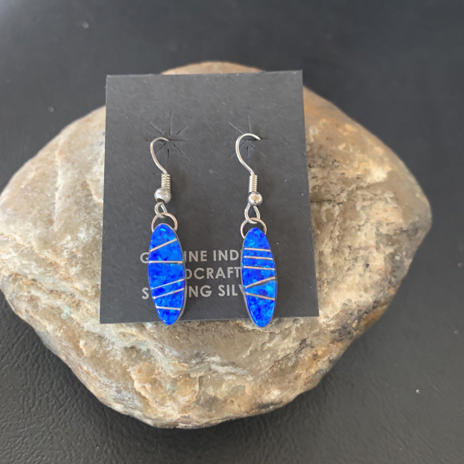 Womens Blue Opal Inlay Navajo Sterling Silver Dangle Earrings 12838