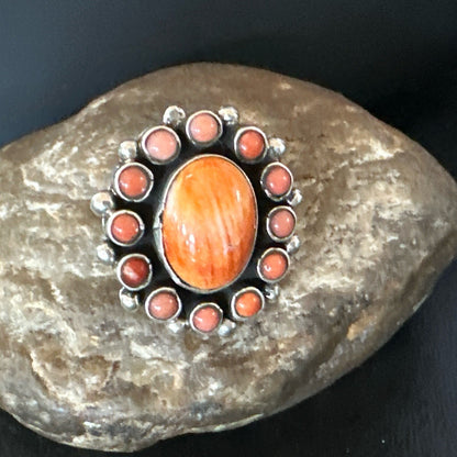 Orange Spiny Oyster Cluster Navajo Sterling Silver Ring Size 10 18397