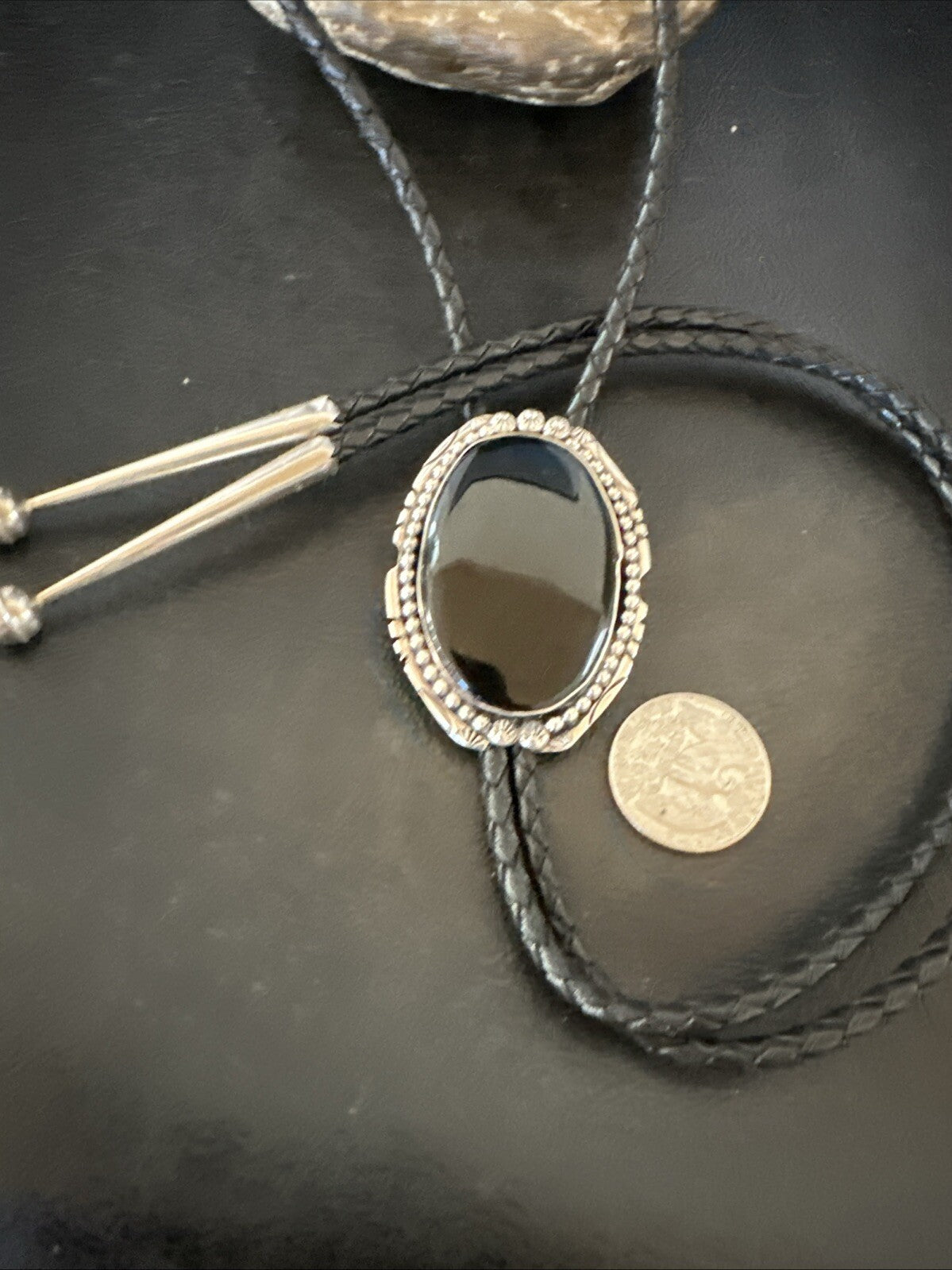 Mens Black Onyx Navajo Sterling Silver Bolo Tie 18663