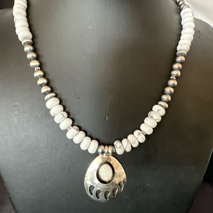 Mens White Opal BearPaw Pendant Navajo Howlite Sterling Silver Necklace 17884