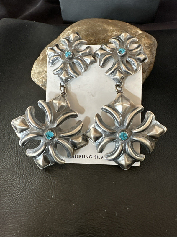 Womens Stamped Blue Turquoise Dangle Earrings Navajo Sterling Silver 19784
