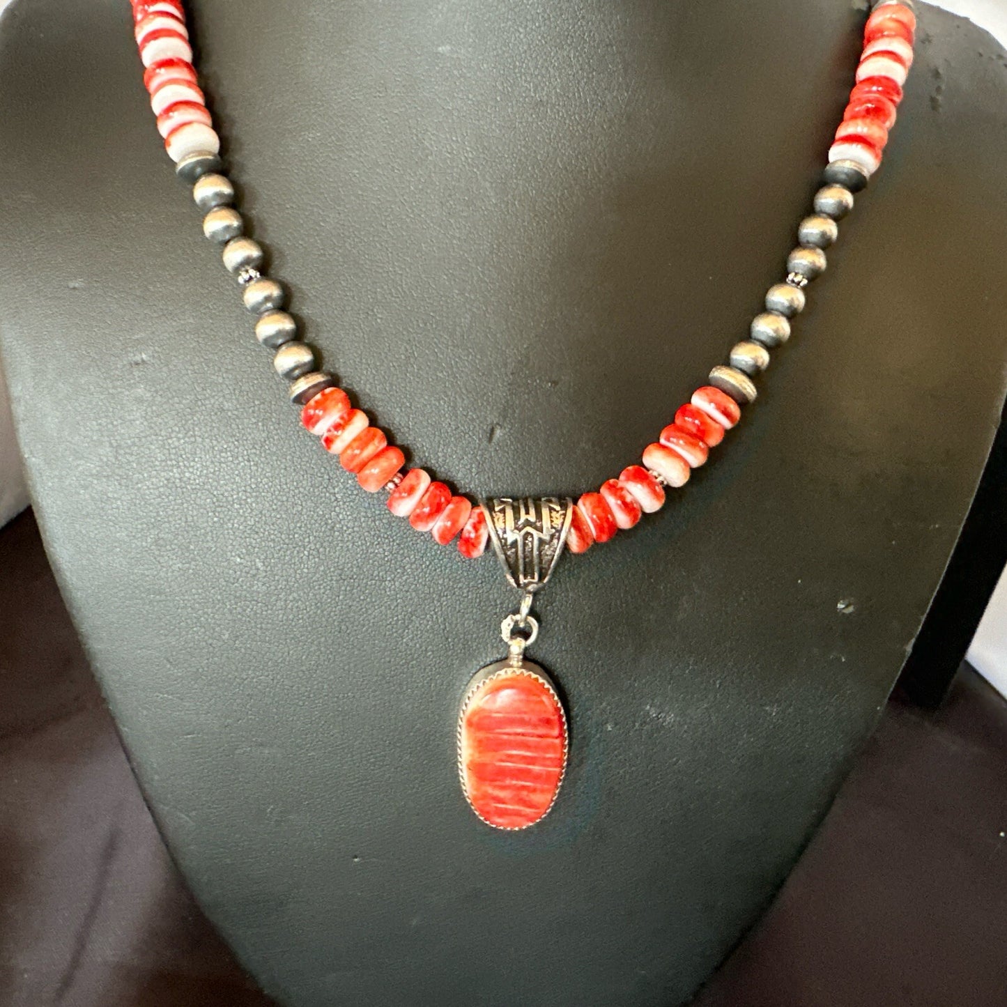 Navajo Pearls Sterling Silver Necklace Red Spiny Oyster Pendant 22" 18265