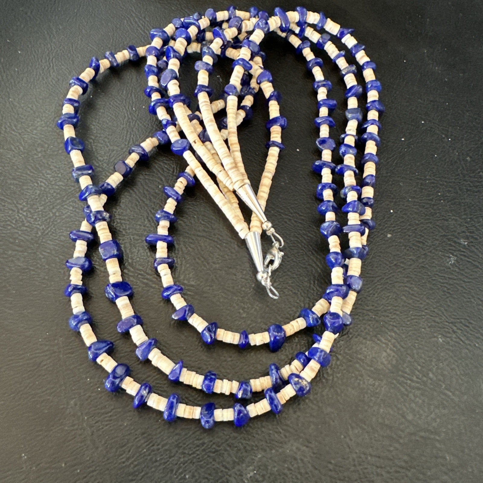 Blue Lapis Lazuli Tan Shell 3 Strand Navajo Sterling Silver Necklace 21” 19703