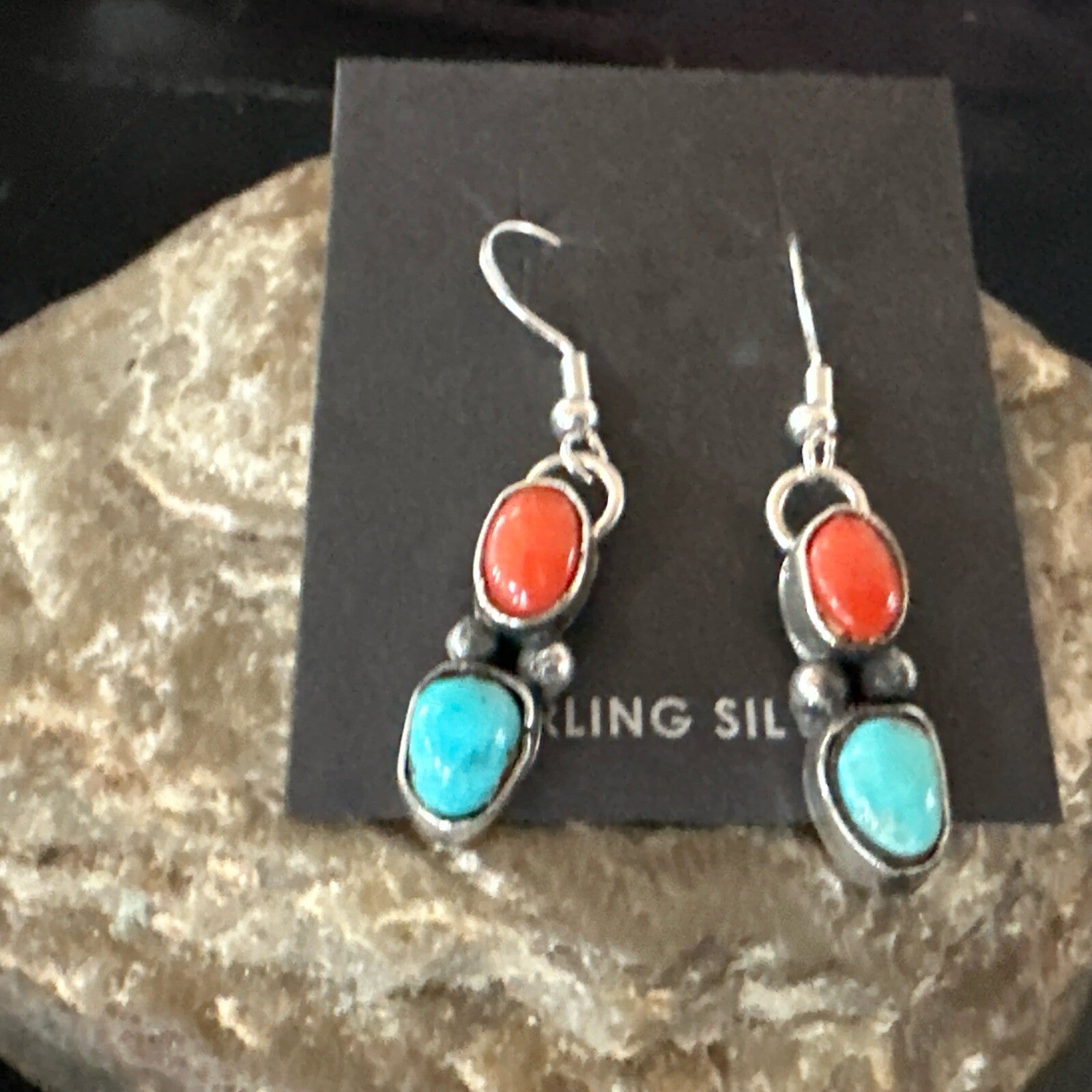Handmade Blue Turquoise Red Coral Sterling Silver Navajo Dangle Earrings 18846