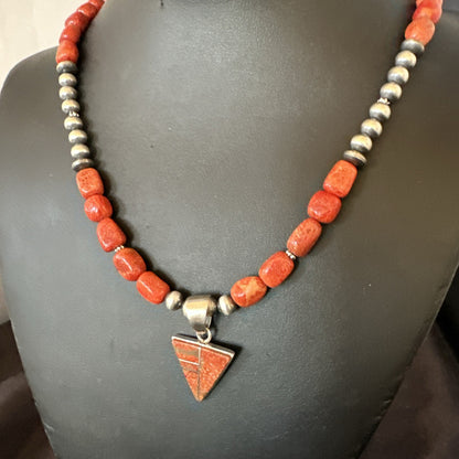 Navajo Apple Sponge Coral Sterling Silver Necklace Inlay Pendant 21” 18684