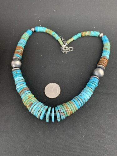 Navajo Blue Green Turquoise Graduated Necklace Sterling Silver 20" 234