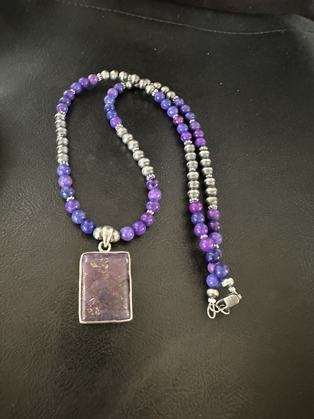 Purple Stone Turquoise Pendant Navajo Pearls Sterling Silver Necklace 18384