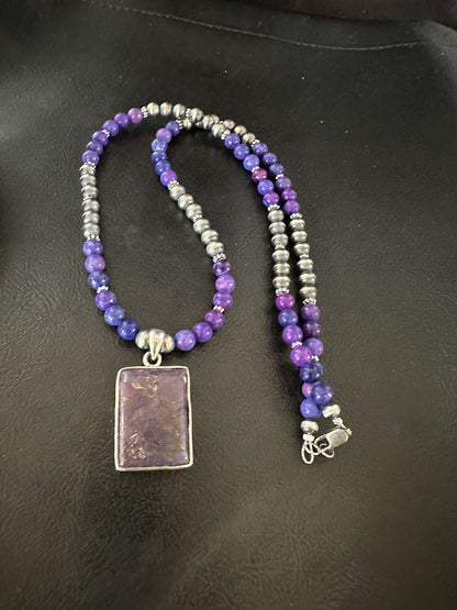 Purple Stone Turquoise Pendant Navajo Pearls Sterling Silver Necklace 18384