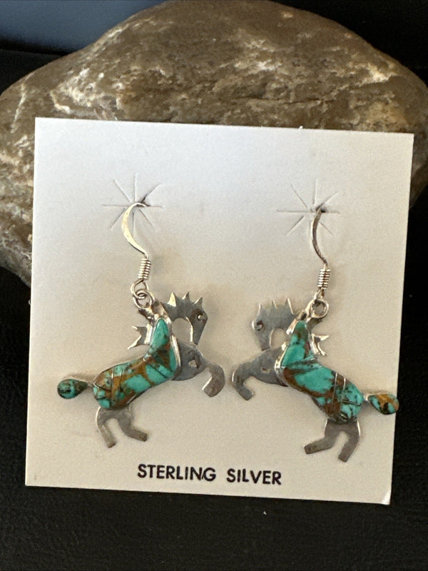 Turquoise Horse Inlay Navajo Earrings | Sterling Silver | Authentic Native American Handmade | 19826