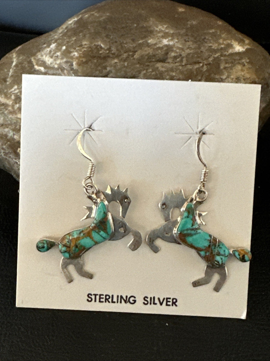 Turquoise Horse Inlay Navajo Sterling Silver Earrings 19826