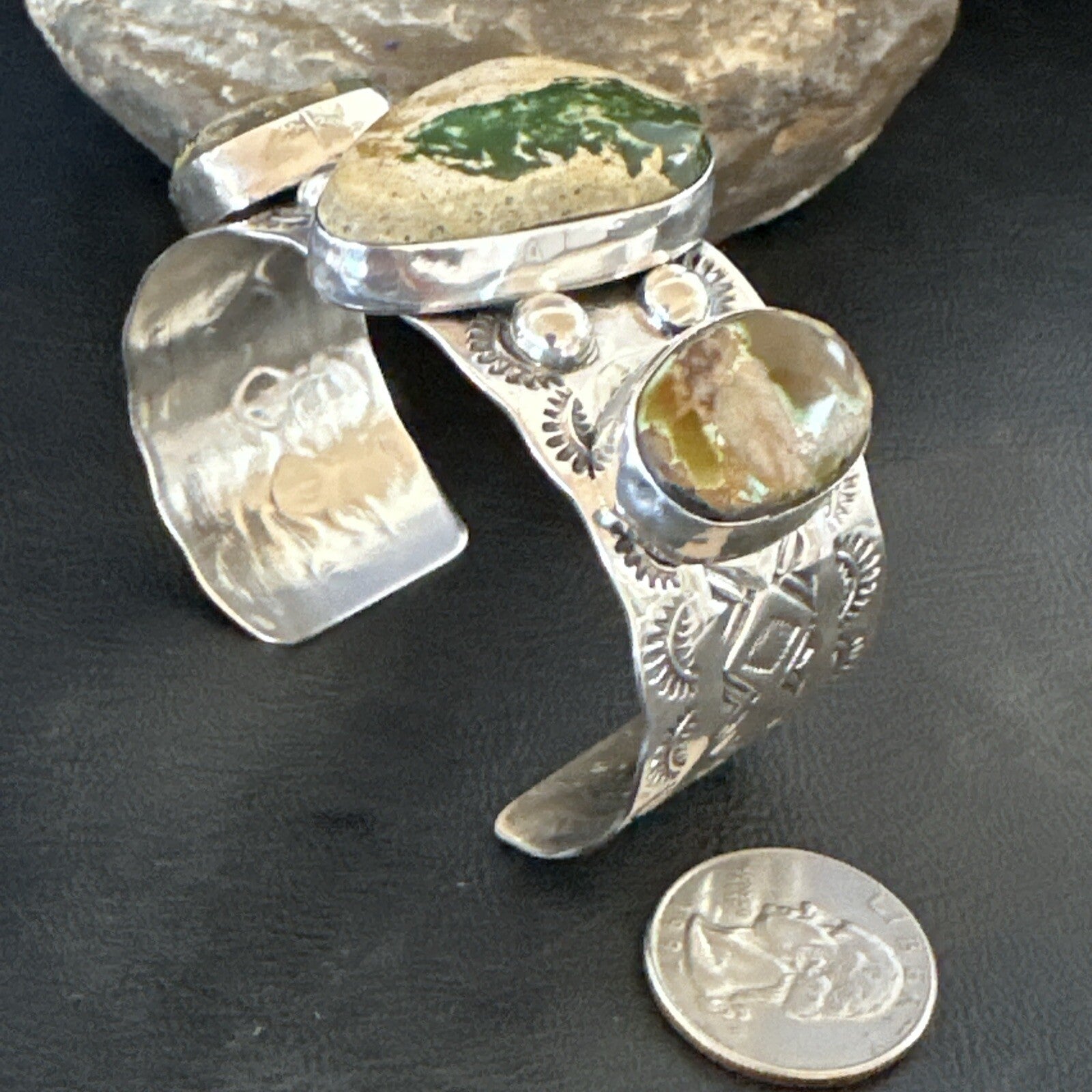 Navajo Green Royston TURQUOISE Stamped Sterling Silver Cuff Bracelet 18975