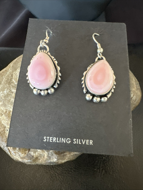 Yazzie Pink Queen Conch Navajo Dangle Earrings | Sterling Silver | Authentic Native American Handmade | 19324