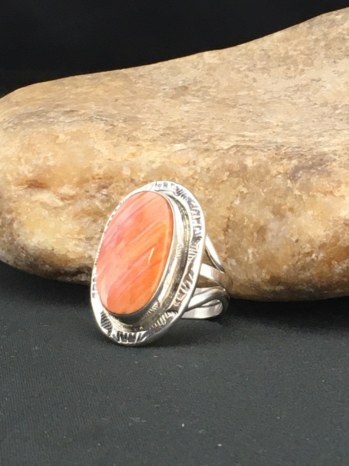 Orange Spiny Oyster Southwestern Sterling Silver Ring Size 7.75 04888