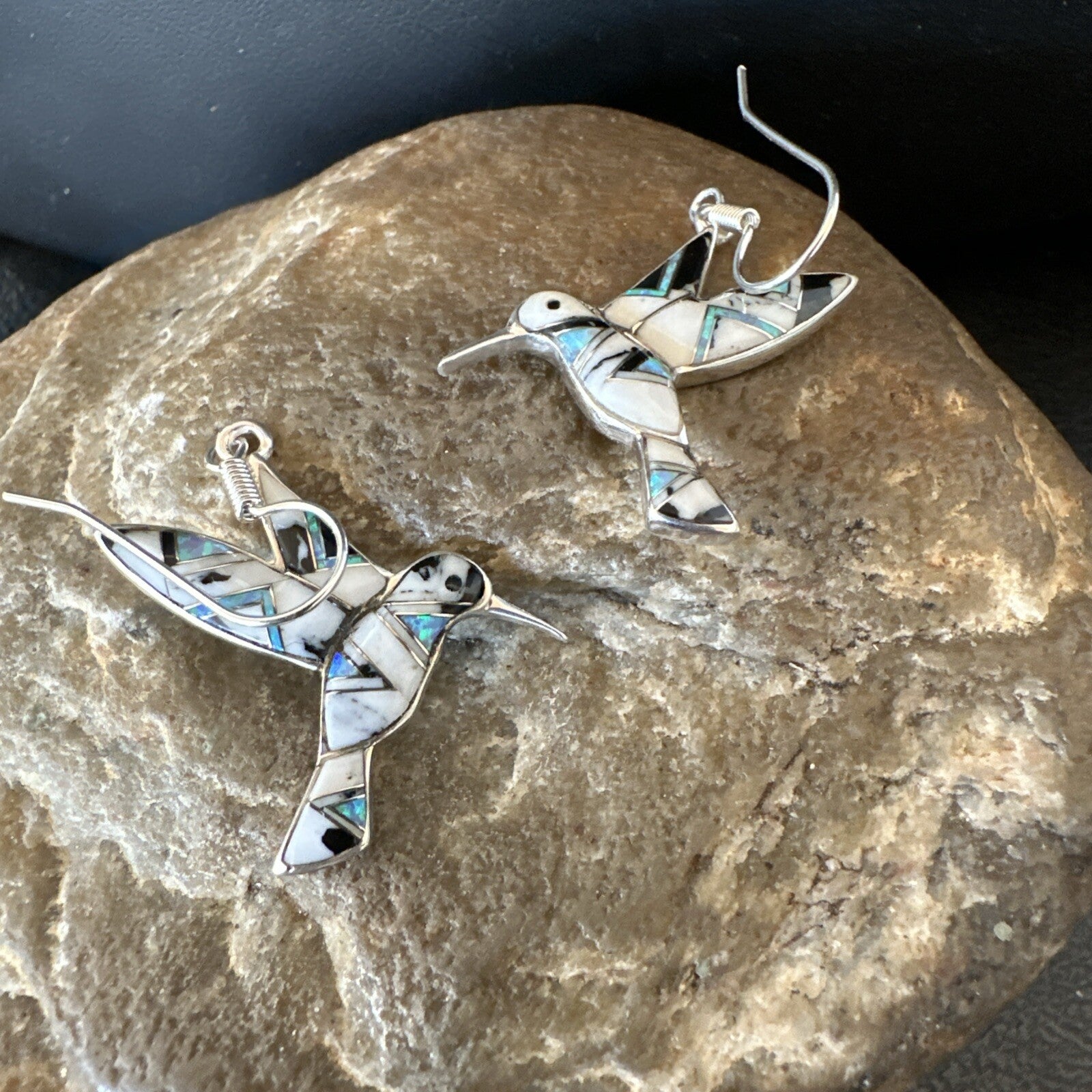 White Buffalo Turquoise Opal Onyx Sterling Silver Hummingbird Earrings 18546