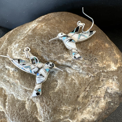 White Buffalo Turquoise Opal Onyx Sterling Silver Hummingbird Earrings 18546