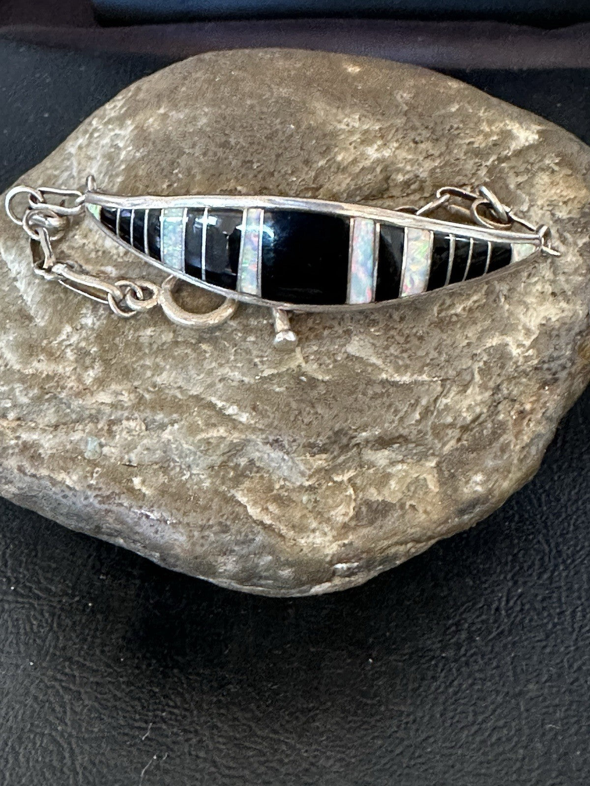 Inlay Bracelet Black Onyx Navajo Old Pawn Sterling Silver Link Bracelet 7" 19793