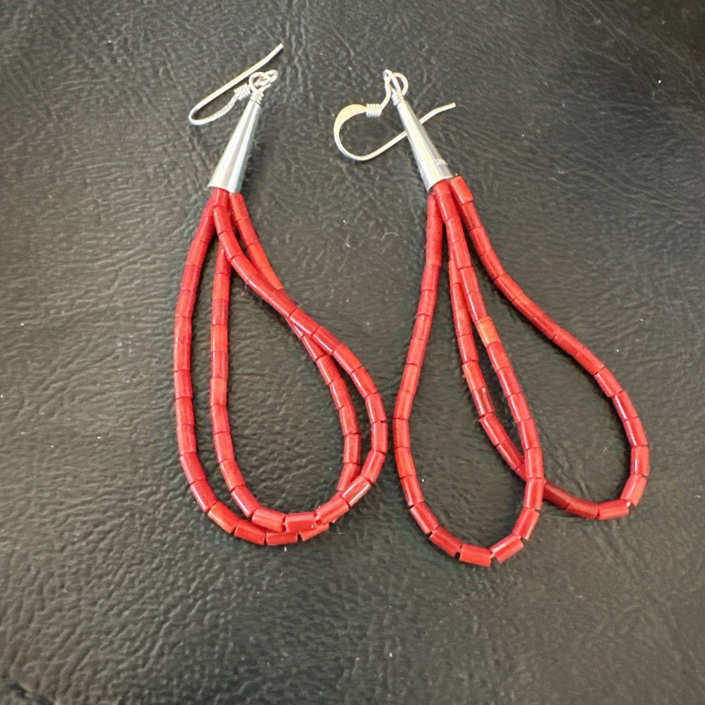 Apple Coral Tube Heishi Dangle Liquid Sterling Silver Earrings 2" 19042