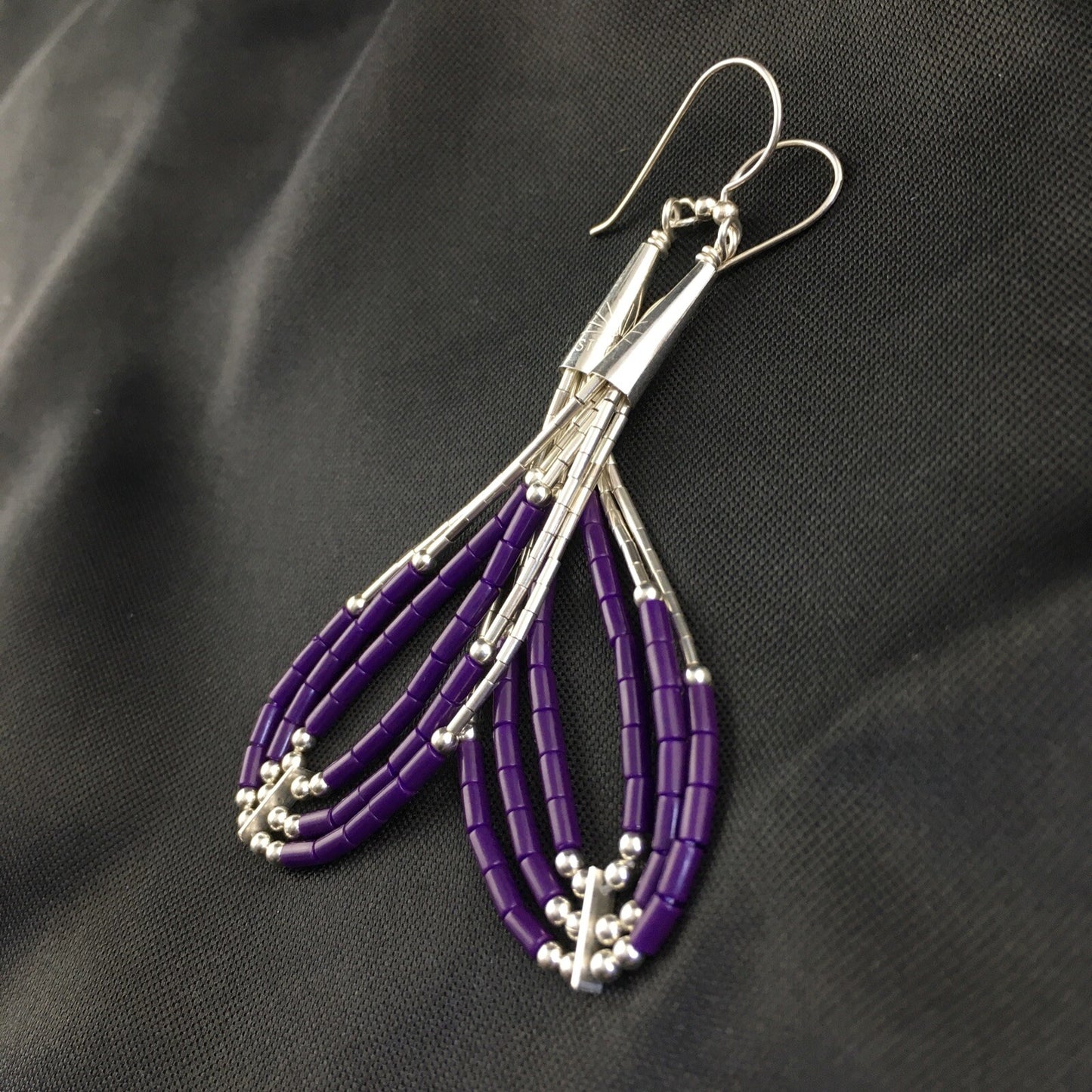 Purple Stone 3 Strands Heishi Liquid Sterling Silver Dangle Earrings 1989
