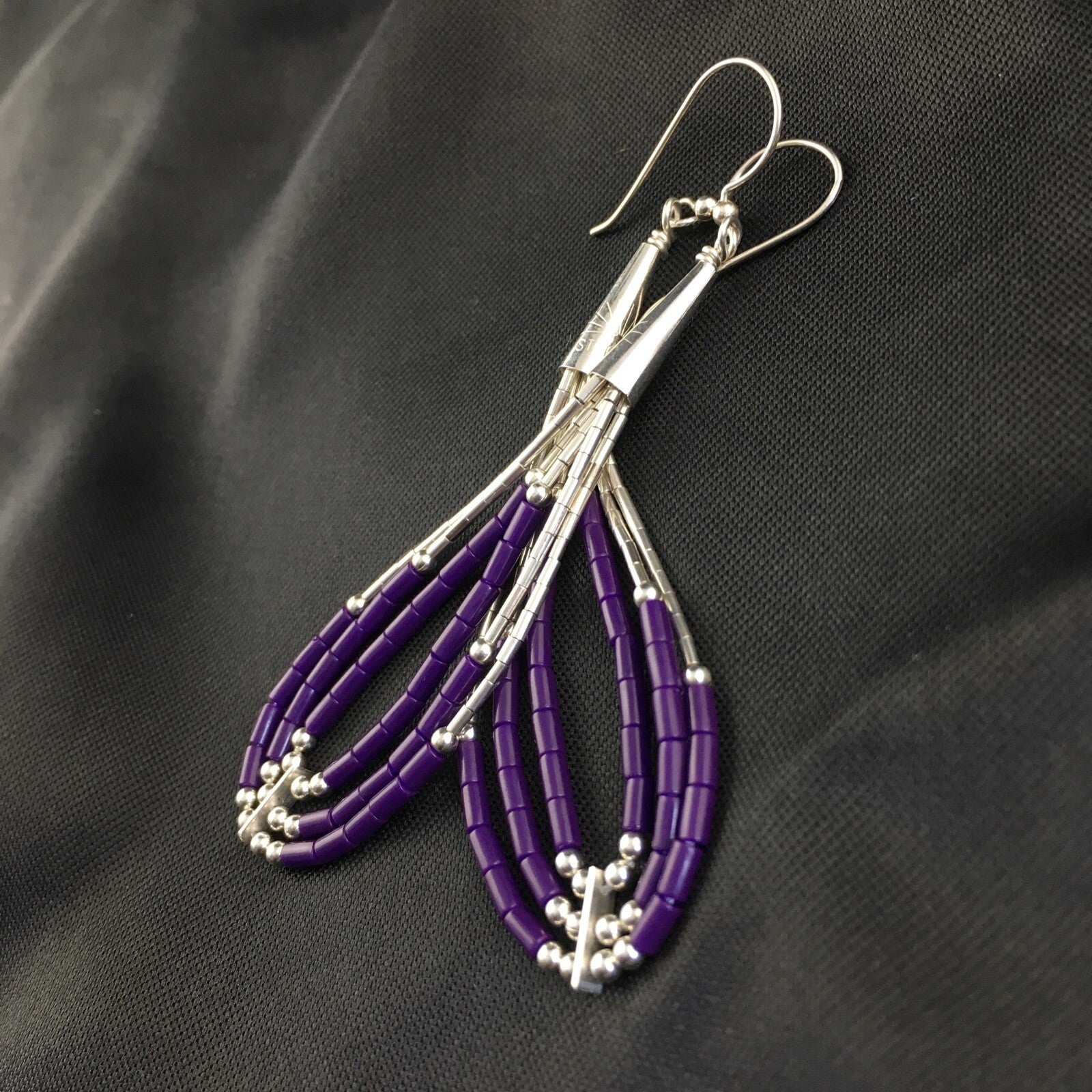 Purple Stone 3 Strands Heishi Liquid Sterling Silver Dangle Earrings 1989