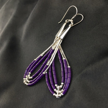 Purple Stone 3 Strands Heishi Liquid Sterling Silver Dangle Earrings 1989