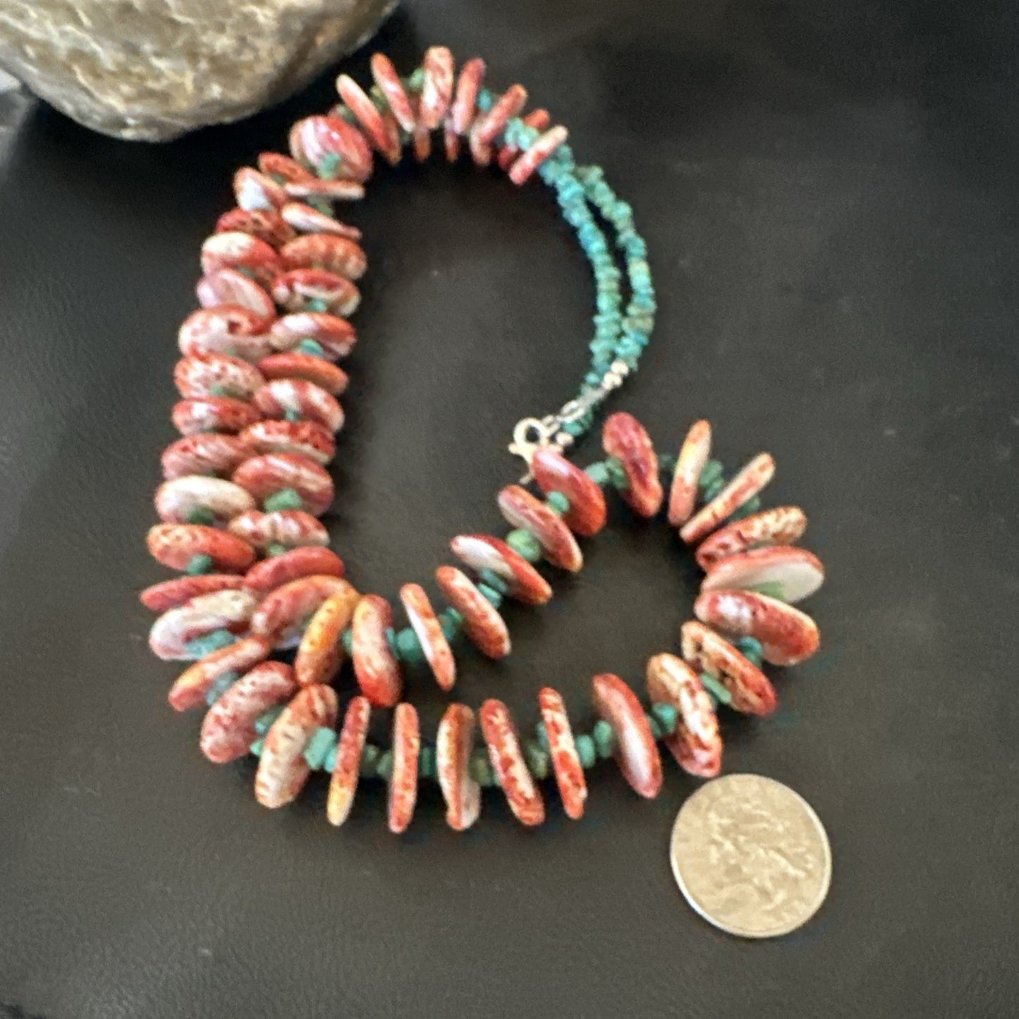 Red Spiny Oyster  Blue Turquoise Navajo Sterling Silver Necklace 28" 19718