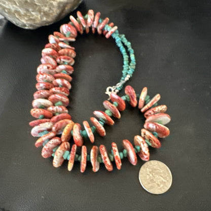 Red Spiny Oyster  Blue Turquoise Navajo Sterling Silver Necklace 28" 19718