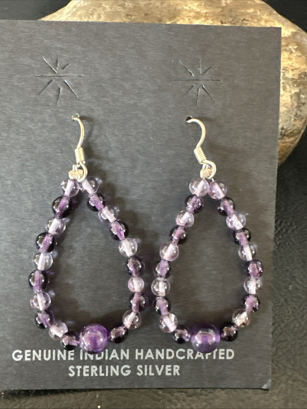 Purple Amethyst Bead Navajo 1"Earrings | Sterling Silver | Authentic Native American Handmade | 18639